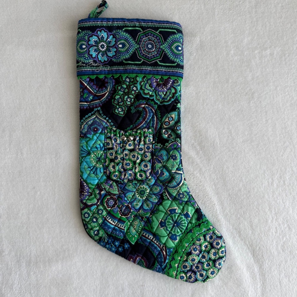 Vera Bradley Christmas Quilted Stocking Green Blue Paisley Bells 100 % Cotton